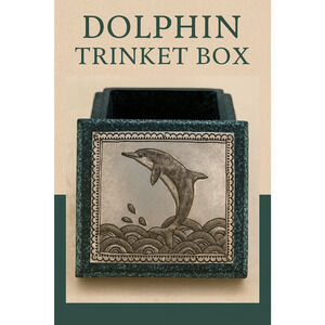 Jumping Dolphin Trinket Box Raised Etched Metal Medallion Textured Exterior 3x2